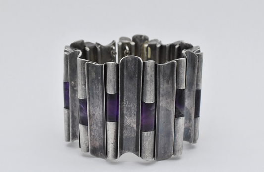 Vintage Antonio Pineda Fine 970 Sterling Silver Hinged Rod Amethyst Bracelet, 7 inches - 204g