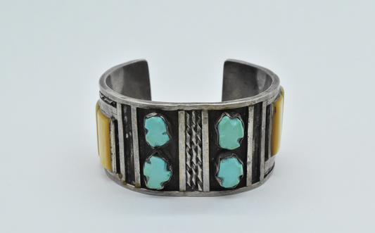 Sterling Silver Turquoise & Yellow Mother of Pearl Wide Cuff Bracelet, 6 inches - 93.0g