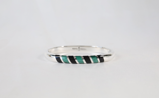 Sterling Silver Malachite & Black Onyx Bangle Bracelet, 7 inches - 39.2g