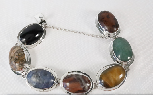 Sterling Silver Large Oval Multi Gemstone Bracelet, 8 inches - 55.1g