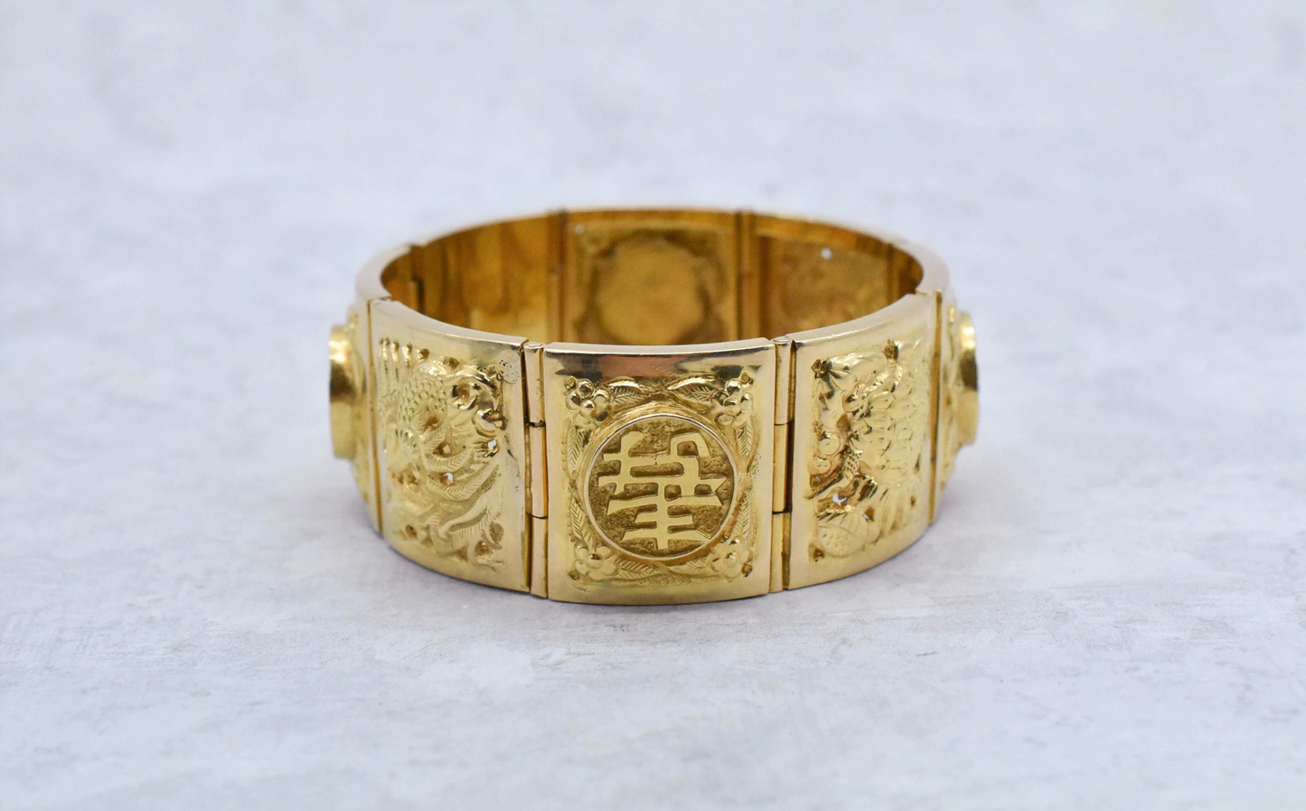18k Yellow Gold Asian Plaque Hinge Cuff Bracelet, 7 inches - 37.0g