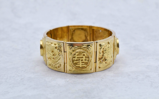 18k Yellow Gold Asian Plaque Hinge Cuff Bracelet, 6.5 inches - 37.0g