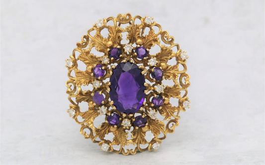 Vintage 14k Yellow Gold Amethyst & Diamond Brooch/Pendant - 16.3g