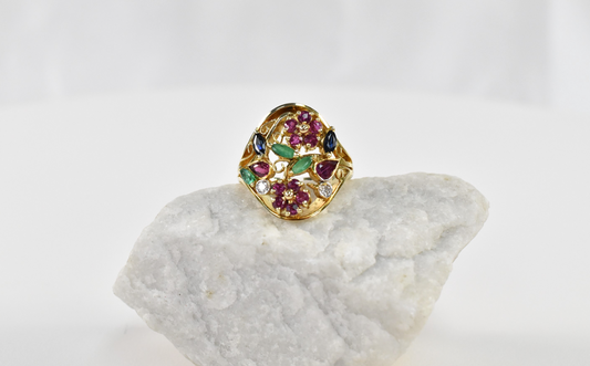 Vintage 14k Yellow Gold Multi-Gemstone Filigree Ring, Size 4.5 - 5.1g