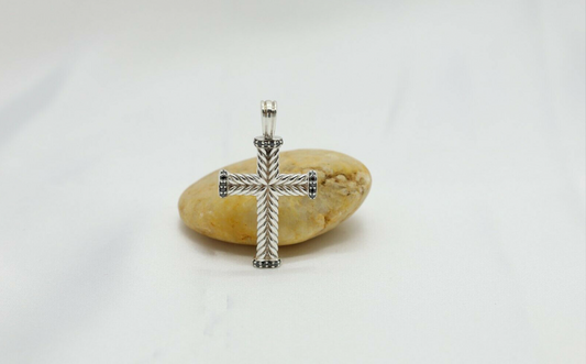 David Yurman Sterling Silver Chevron Cross Pendant with Black Diamonds - 7.2g