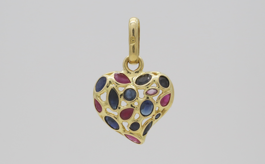 18k Yellow Gold Sapphire & Ruby Heart Shaped Pendant, 3.5g