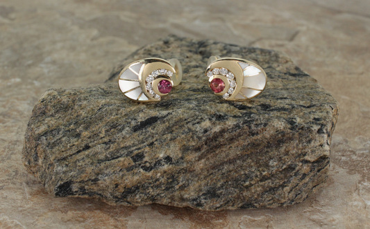 14k Yellow Gold Kabana Mother of Pearl, Diamond & Ruby Earrings - 5g