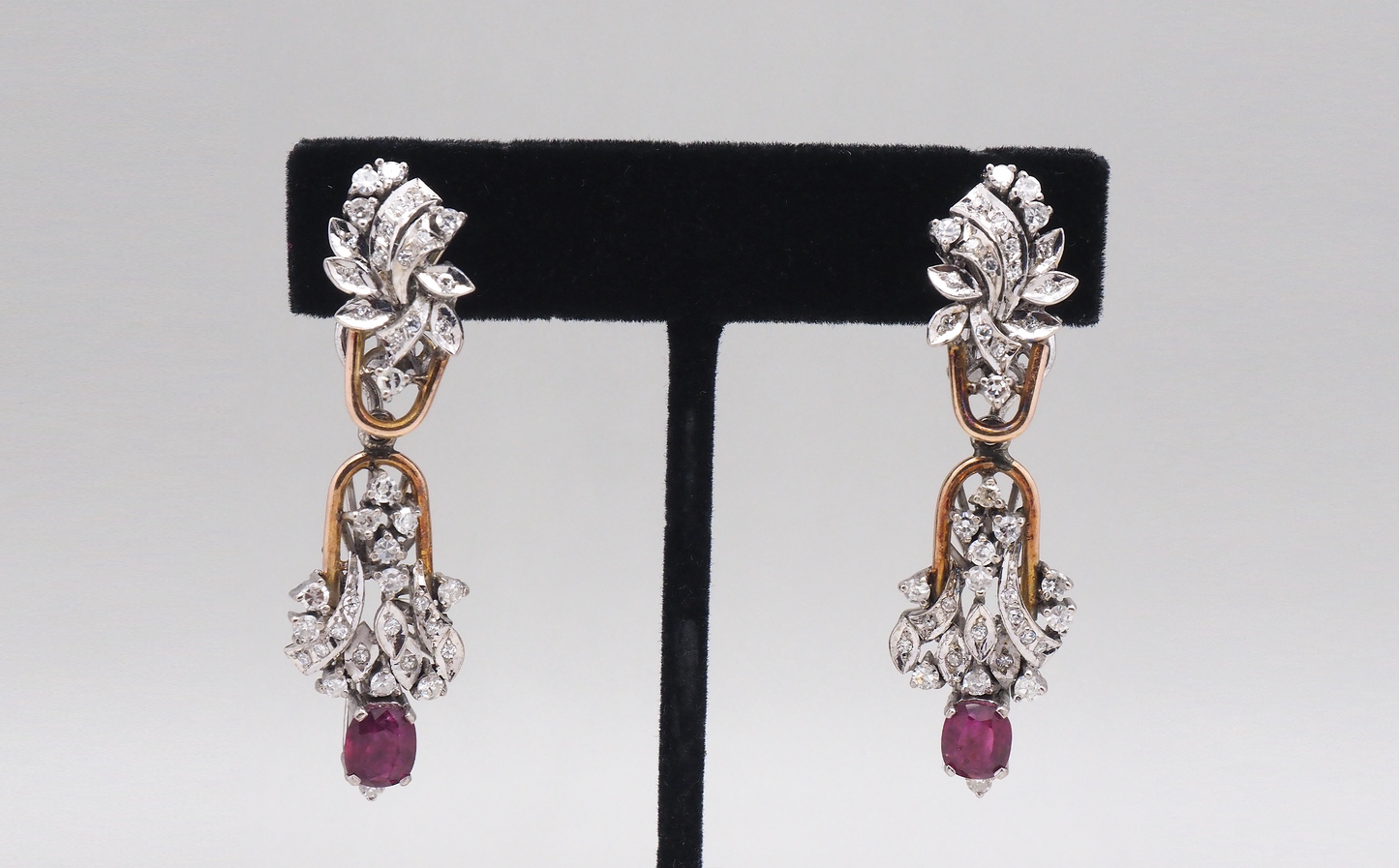 Vintage 18k White & Yellow Gold Diamond and Ruby Dangle Earrings - 14.1g