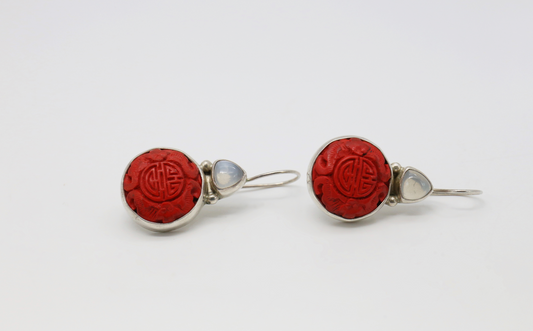 Sajen Sterling Silver Carved Cinnabar and Moonstone Earrings  - 7.5