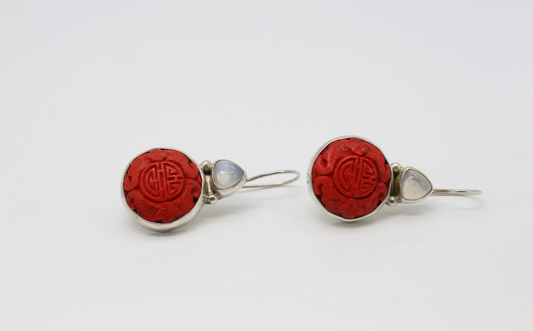 Sajen Sterling Silver Carved Cinnabar and Moonstone Earrings - 7.5