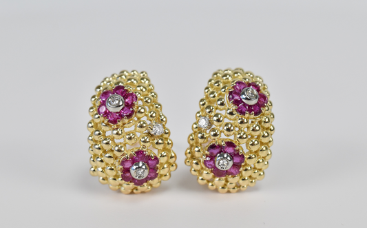 Shreve & Co. 18k Tri-Gold Flower Ruby & Diamond Earrings, 19.4g