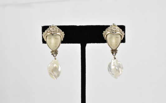 Sajen Sterling Silver Carved Moon Face Dangle Mother of Pearl Clip On Earrings, 11.9g