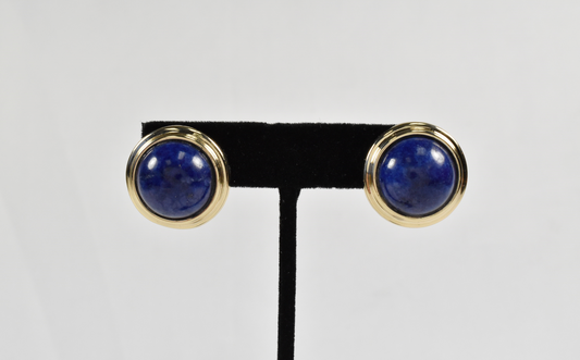 Vintage 14k Yellow Gold Lapis Lazuli Round Earrings, 9.8g