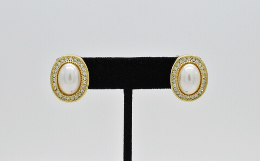 Christian Dior Gold Plated Crystal Simulated Pearl Clip On Earrings, 15.0g