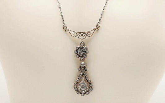 Antique 14k White & Yellow Gold JWT Art Deco Necklace with Rose Cut Diamonds, 18 inches - 7.4g