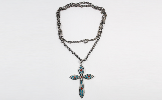 Vintage Sterling Silver Cross w/ Inlaid Turquoise & Red Coral, 32 inches - 54.7g
