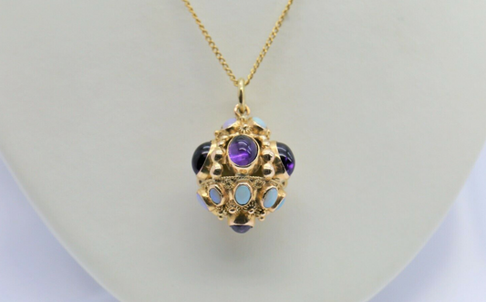 19.2k Portuguese Gold Necklace with Amethyst & Opal Pendant, 28 inches - 14.3g