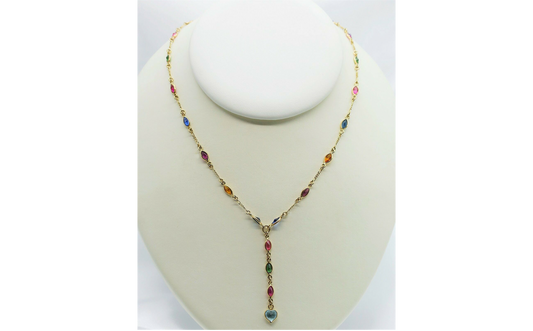 14k Yellow Gold Ladies Multi-Gemstone Necklace, 17 inches - 5.9g