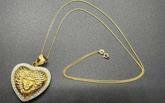 18k Yellow Gold Heart Shaped Medusa Cubic Zirconia Necklace, 20 inches - 13.5g