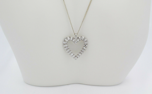 14k White Gold Diamond Heart Pendant Necklace, 17.5 inches - 3.7g