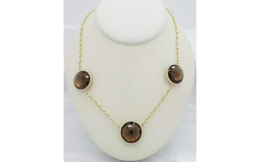 14k Yellow Gold Smokey Topaz Tri-Stone Ladies Necklace, 18 inches - 17.2g