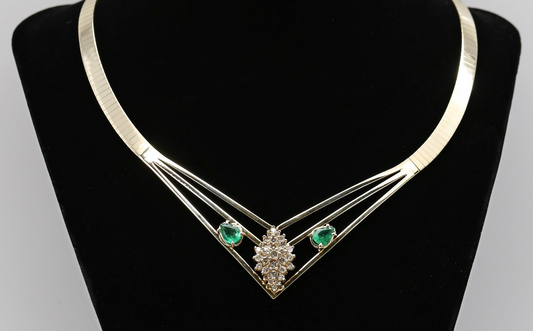 Vintage Kurt Gutmann 14k Yellow Gold Emerald & Diamond Necklace, 16.5 inch - 45.2g