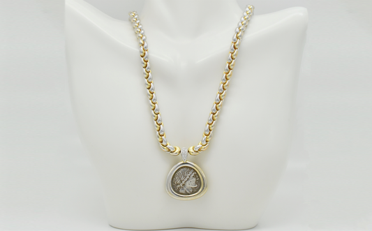 18k Yellow Gold & Platinum Diamond Roman Coin Necklace, 16.5 inches - 53.0g