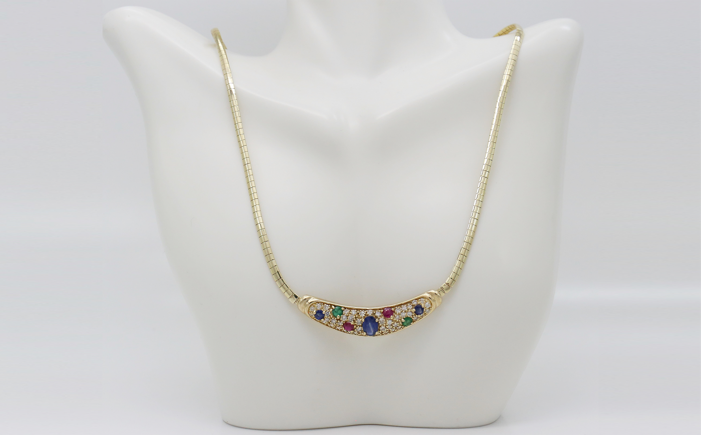 Vintage 14k Yellow Gold Omega Gemstone Choker Necklace, 17 inches - 19.5g