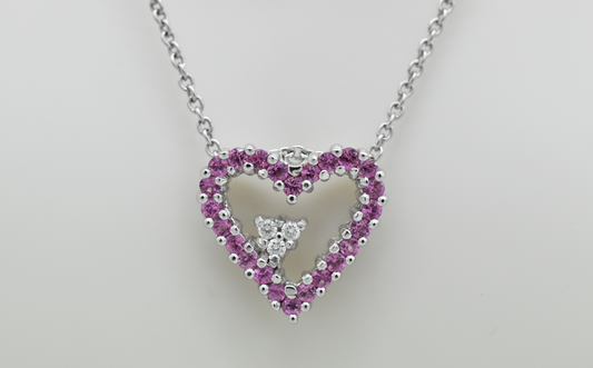 18k White Gold Pink Spinel & Diamond Heart Pendant Adjustable Necklace, 14" up to 17" - 5.7g