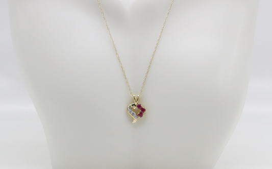 10k Yellow Gold Ruby & Diamond Heart Pendant, 18 inches - 1.7g