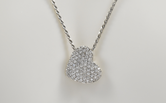 14k White Gold Diamond Tilted Heart Necklace, 16.25 inches - 5.4g