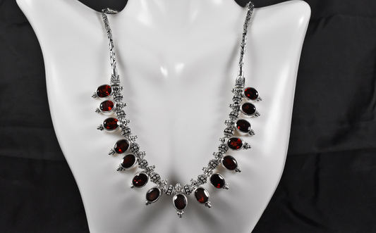 Sterling Silver Byzantine 22.5cttw Garnet Necklace, 16.5" - 19" - 31.1g