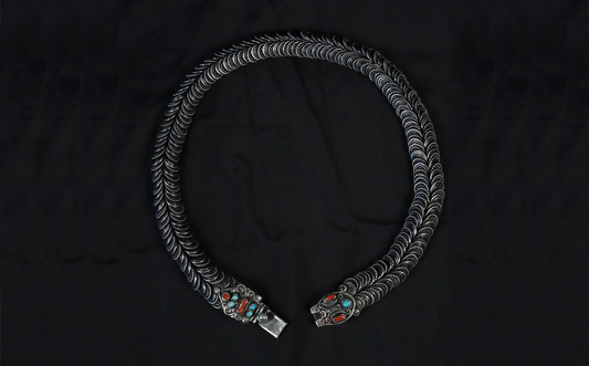 Vintage Sterling Silver Turquoise & Coral Choker Necklace, 15 inches - 92.3g