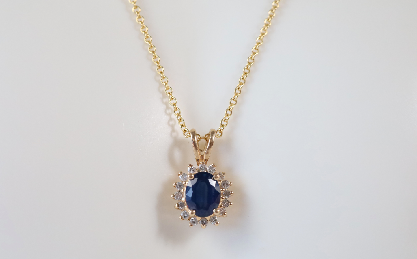 14k Yellow Gold Oval Sapphire & Diamond Pendant Necklace, 18 inches - 4.9g