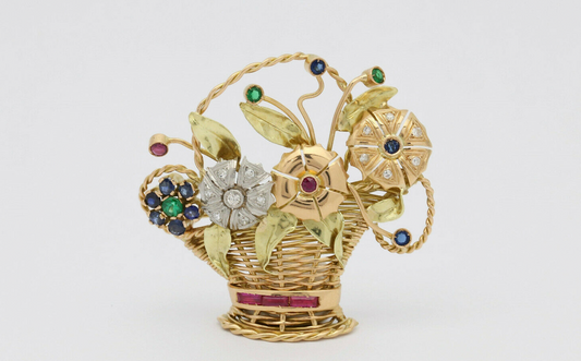 Vintage 18k Yellow & White Gold Diamond Flower Bouquet Brooch - 15.8g