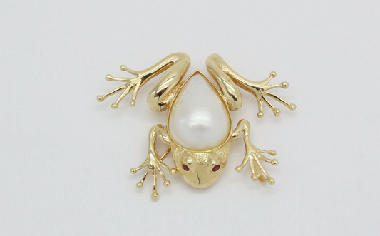 Vintage 14k Yellow Gold Mother of Pearl & Ruby Frog Brooch/Pendant Combo - 9.8g