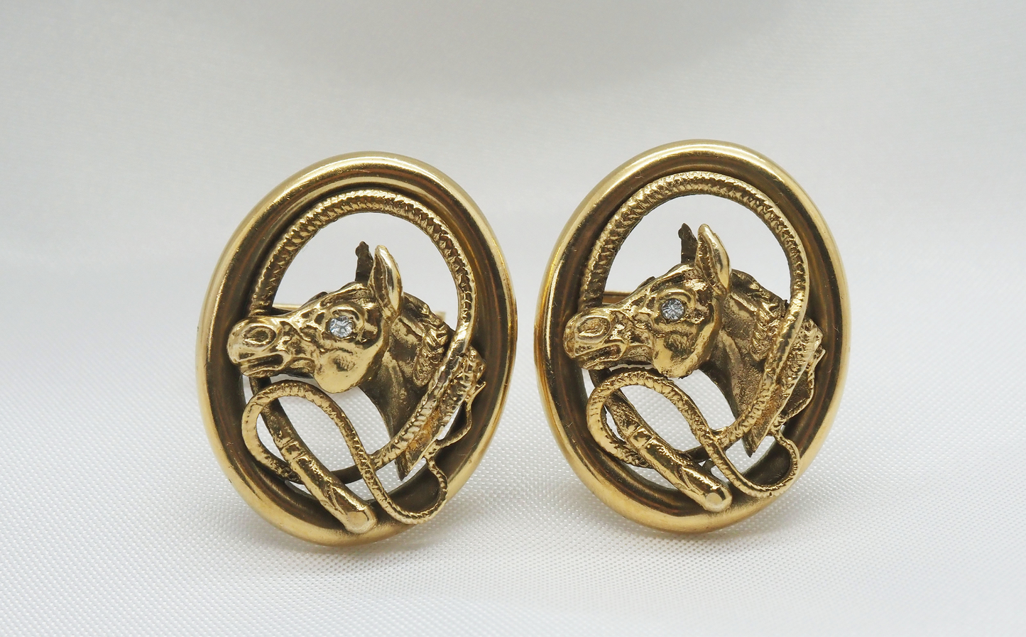 Vintage 14k Yellow Gold Diamond Horse Cufflinks - 34.2g