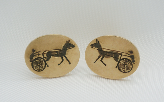 Vintage 14k Yellow Gold Oval Horse & Carriage Cufflinks - 26.6g
