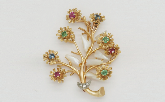 Vintage 14k Yellow Gold Branch & Flower Gemstone Brooch - 11.9g