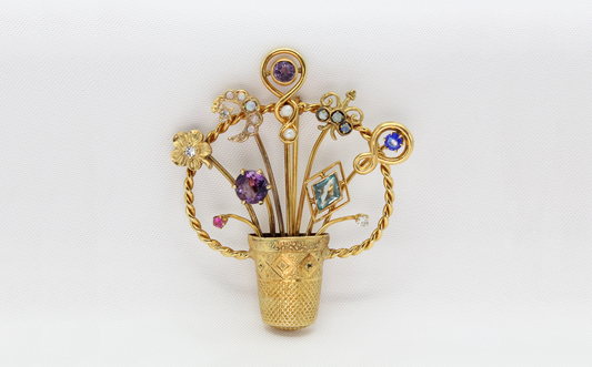 Vintage 14k Yellow Gold Gemstone Basket Brooch - 13.6g