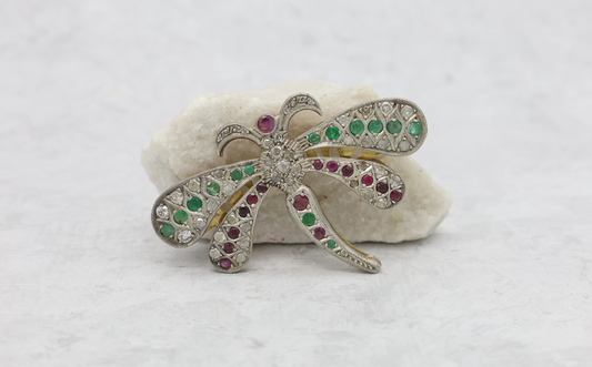 Vintage 14k White & Yellow Gold Dragonfly Brooch with Diamonds, Emeralds & Rubies - 12.1g