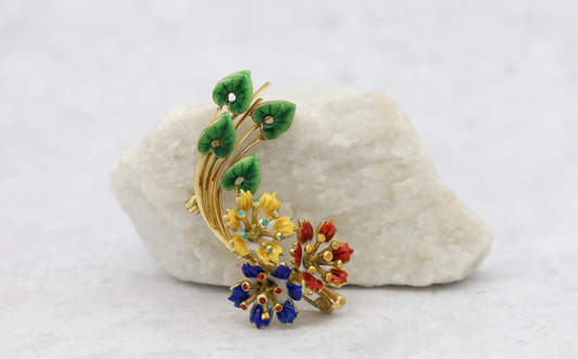 Vintage 18k Yellow Gold Flower Enamel Brooch - 8.5g