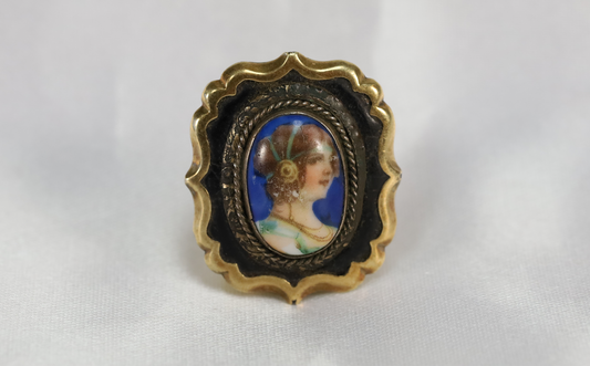 Antique 10k Yellow Gold Enamel Cameo Portrait Brooch - 7.0g