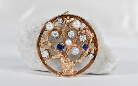 Vintage 14k Yellow Gold Tree of Life Brooch/Pendant with Diamond, Sapphire & Pearl, 12.6g