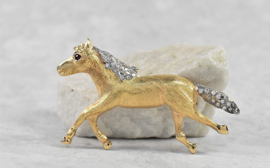 18k Yellow Gold Diamond & Ruby Horse Pin, 17.3g