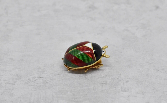 18k Yellow Gold Green & Red Enamel Beetle Bug Pin, 5.4g