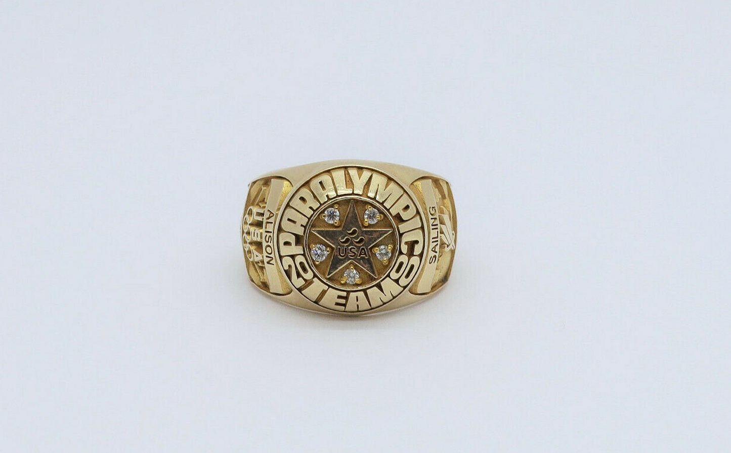 14k Yellow Gold & Diamonds 2000 Paralympic USA Sailing Ring, Size 9.75 - 16.7g