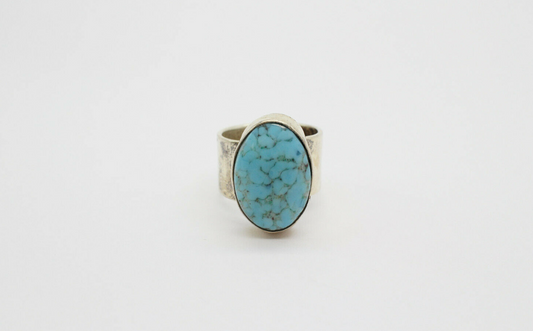 Vintage Sterling Silver Large Mounting Mexico Turquoise Ring, Size 8.5 - 13.6g