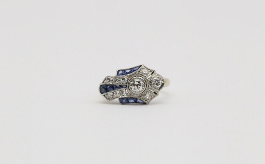 Victorian 14k White Gold Ladies Sapphire & Diamond Pinky Ring, Size 2.75 (up to size 8) - 3.2g