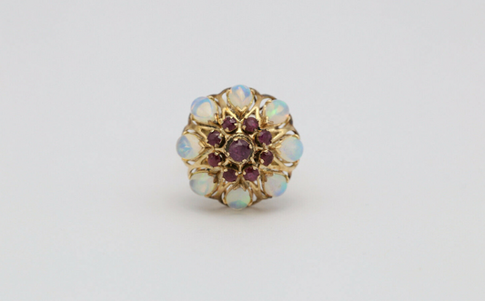 Vintage 14k Yellow Gold Cocktail Ring with Opal & Rubies, Size 7 - 6.1g